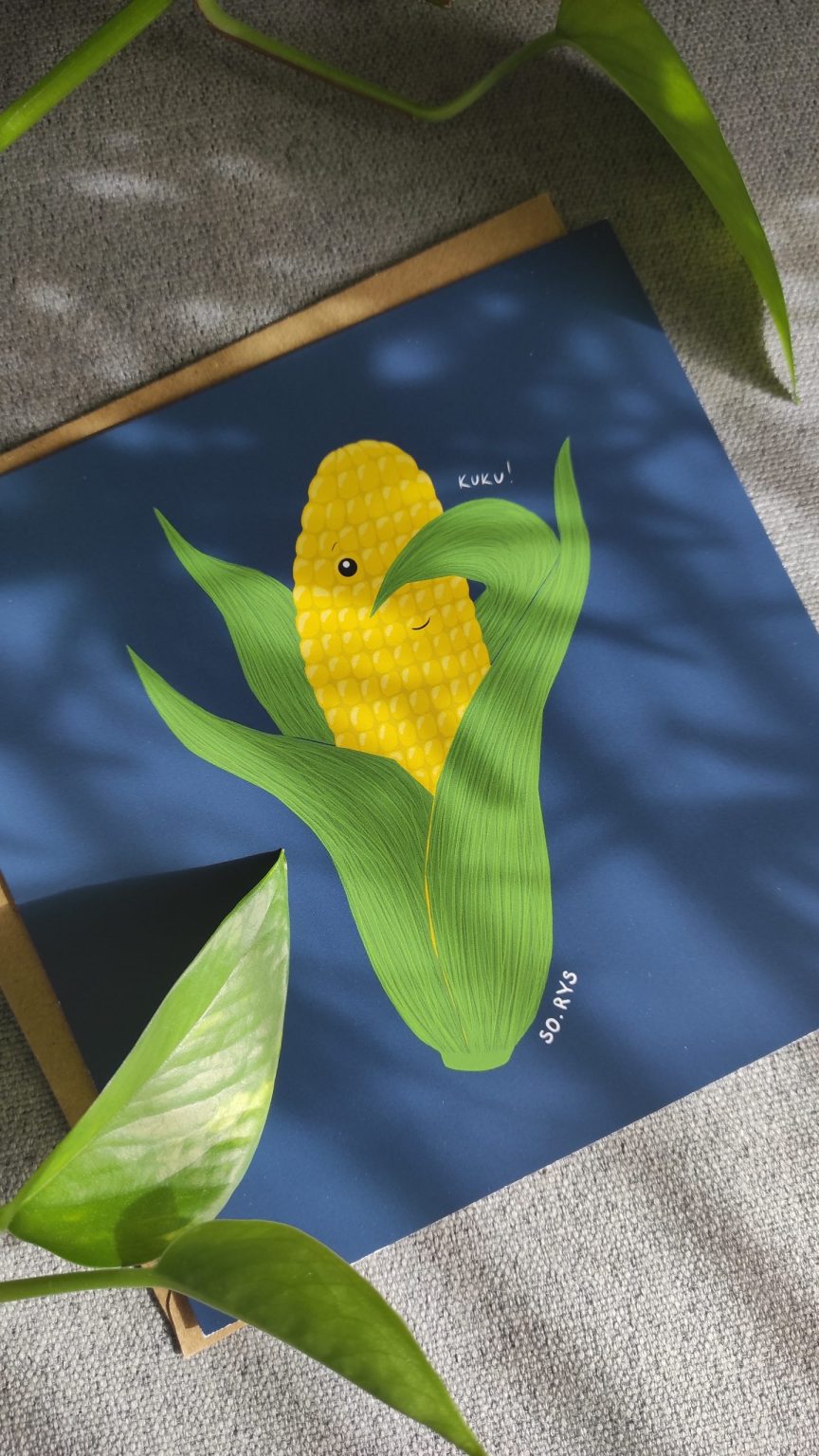 Kartka przedstawiająca rysunek kukurydzy bawiącej się w a kuku!