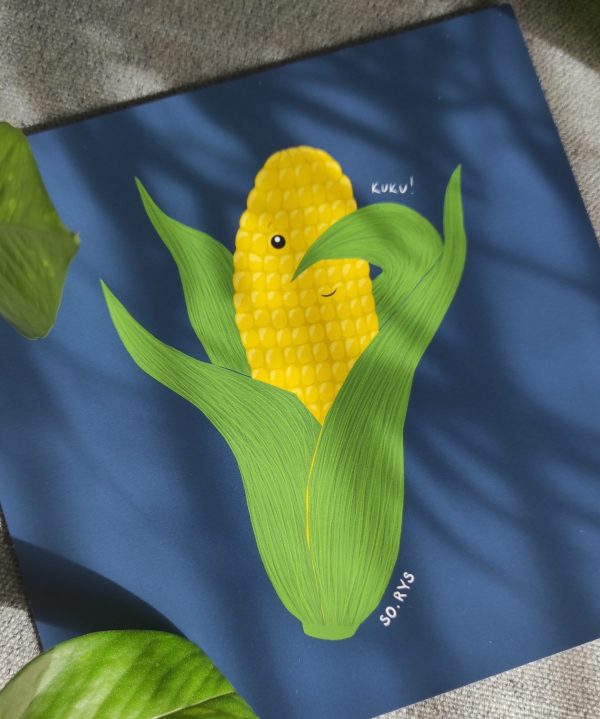Kartka przedstawiająca rysunek kukurydzy bawiącej się w a kuku!