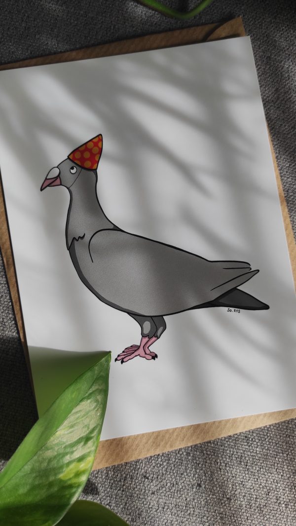 Picture of greeting card with an illustration of pigeon wearing a hat